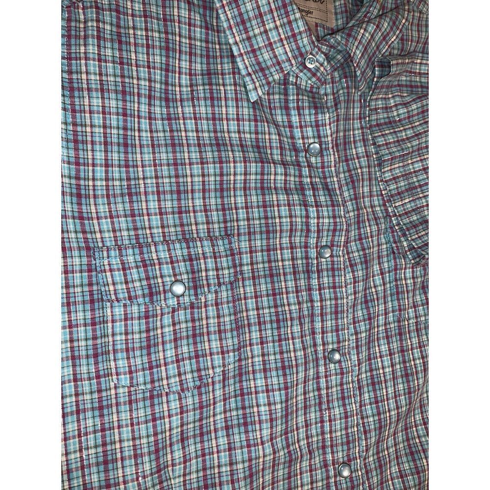 Women's L Blue Pink Sparkle plaid Wrancher Wrangler Short Sleeve Pearl Snap - Picture 7 of 16